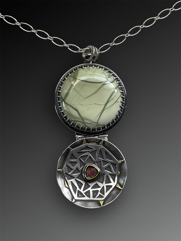 Hand-Cut Imperial Jasper and Watermelon Tourmaline Reversible 4-way Story Locket with 18k Gold