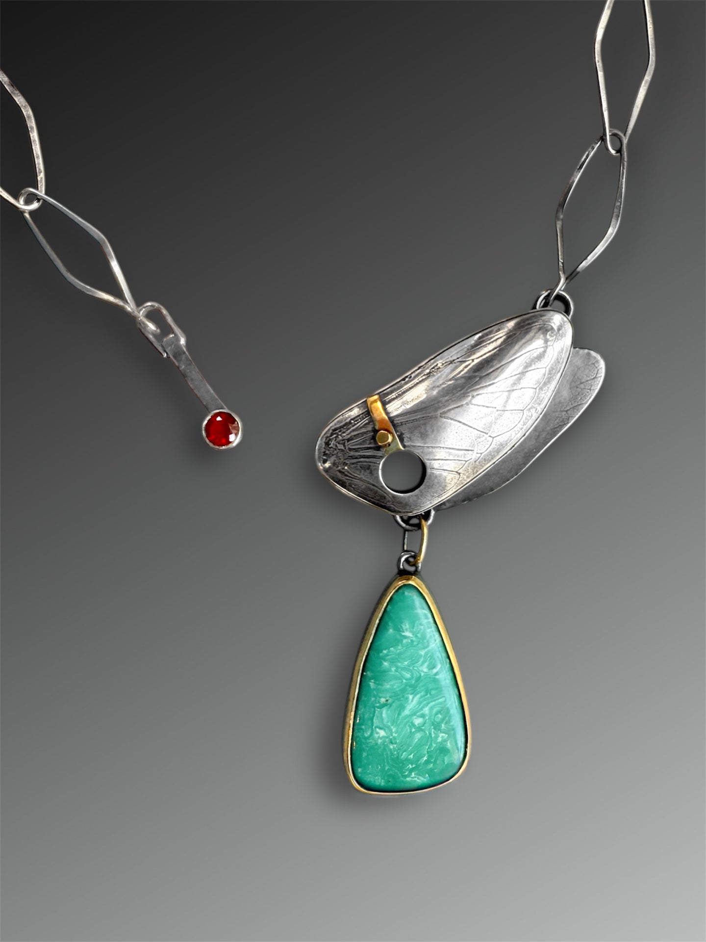 Turquoise and Fire Opal Key Clasp Necklace with Handmade Chain and 18k gold