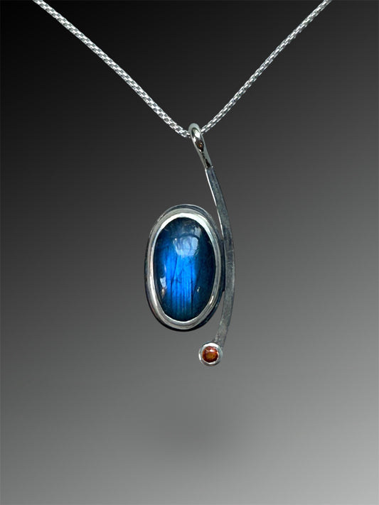 Crescent Curve Necklace with Labradorite and Orange Sapphire