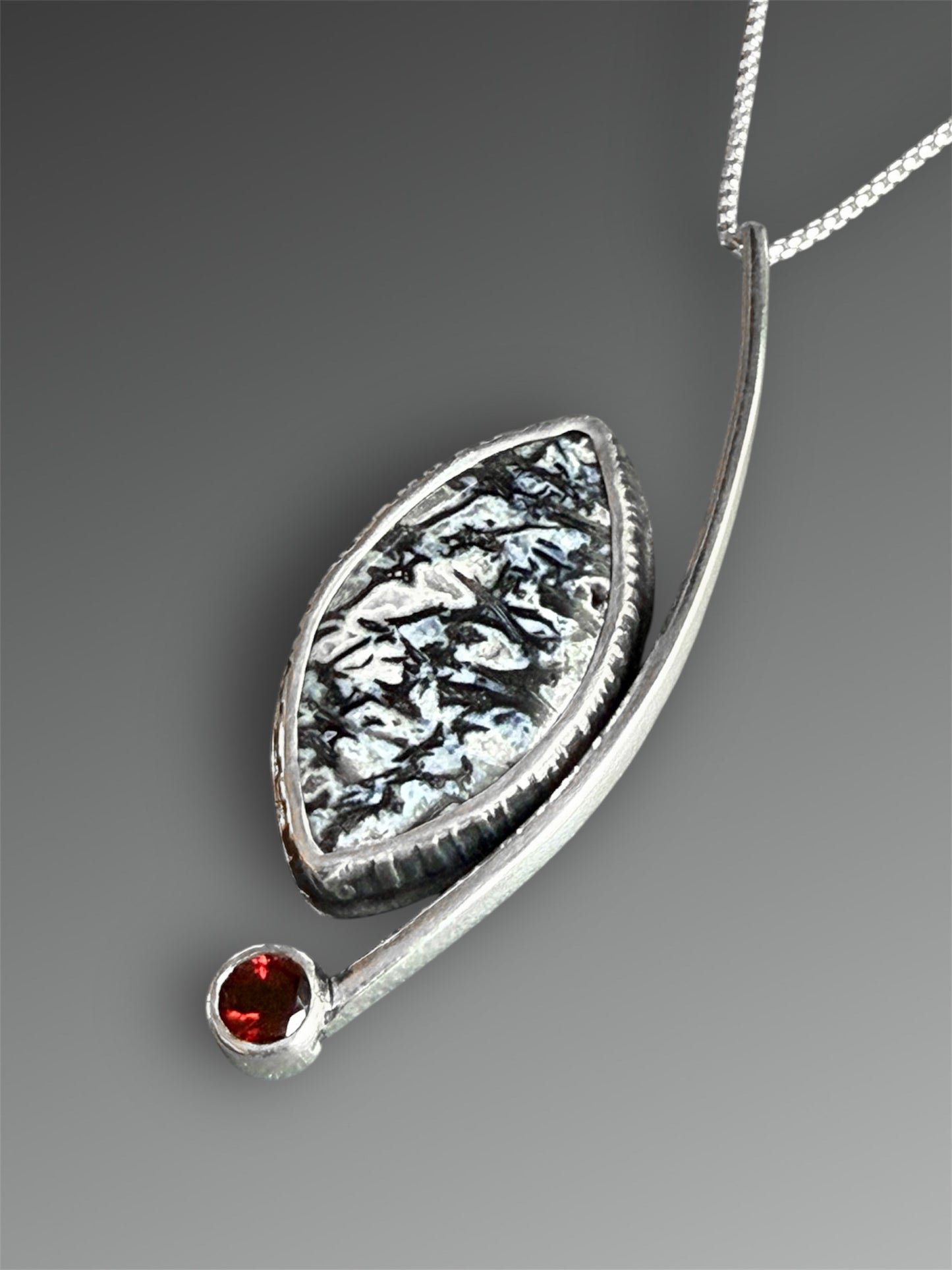 Crescent Curve Necklace with Fossilized Palm and Garnet