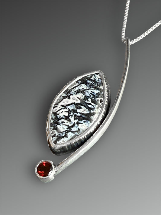 Crescent Curve Necklace with Fossilized Palm and Garnet
