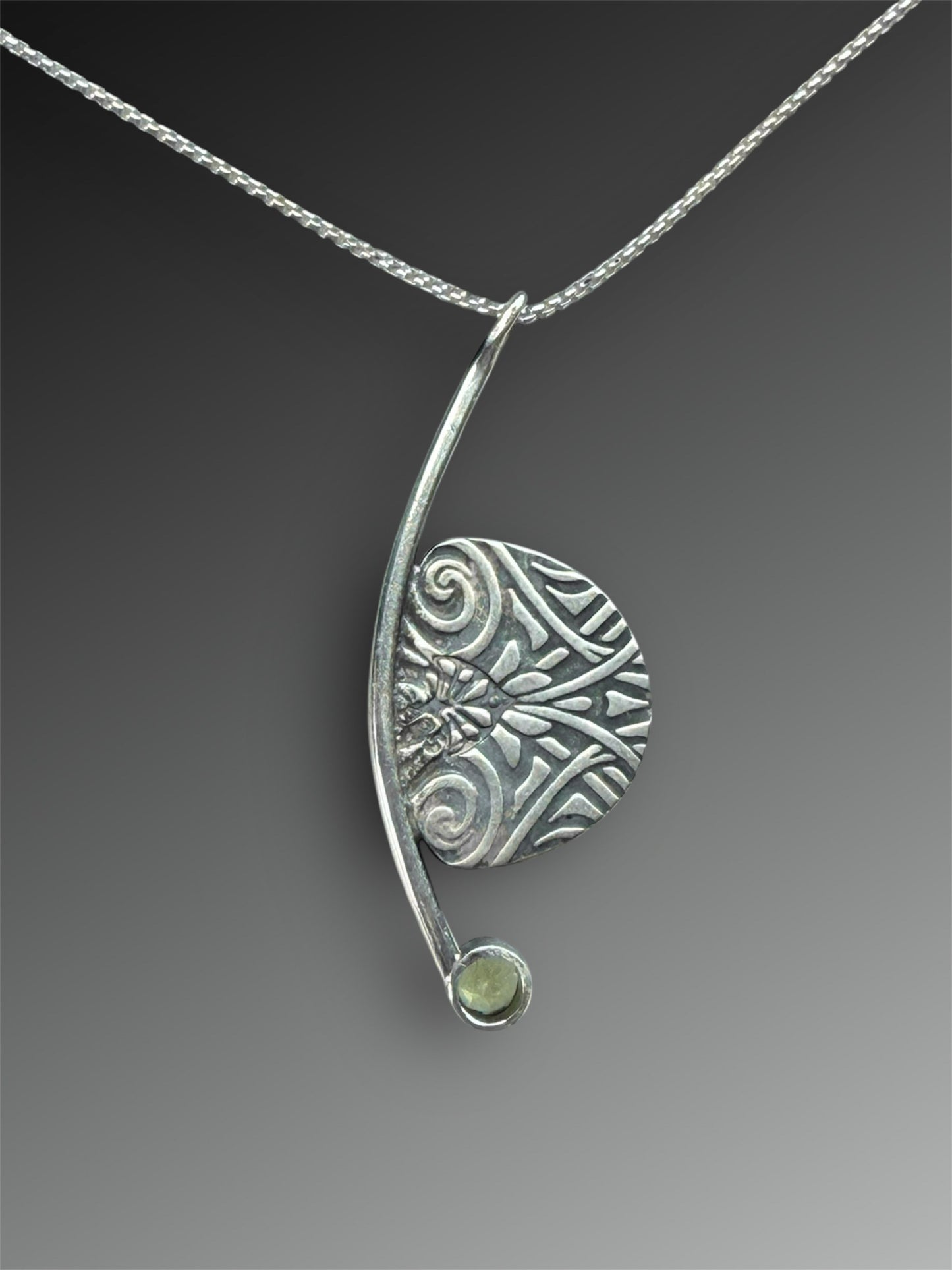 Crescent Curve Necklace with Snowflake Obsidian and Peridot