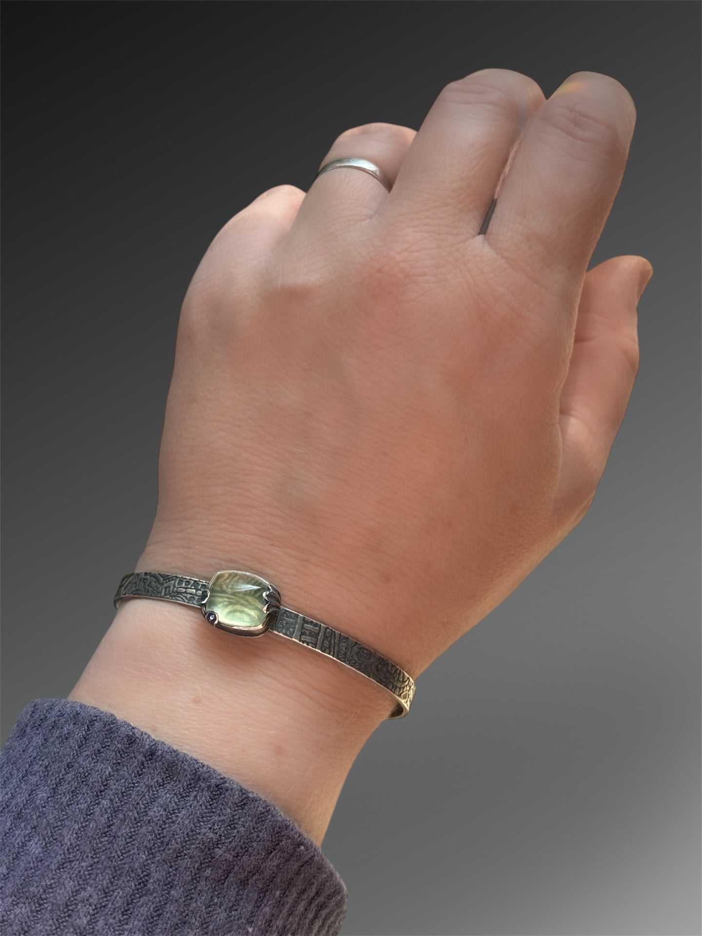 Prehnite Cuff with Stamped Prongs