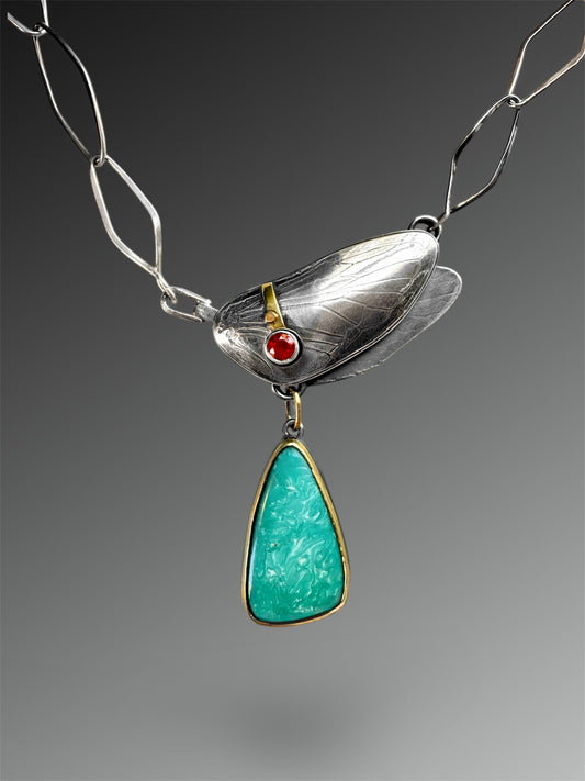 Turquoise and Fire Opal Key Clasp Necklace with Handmade Chain and 18k gold