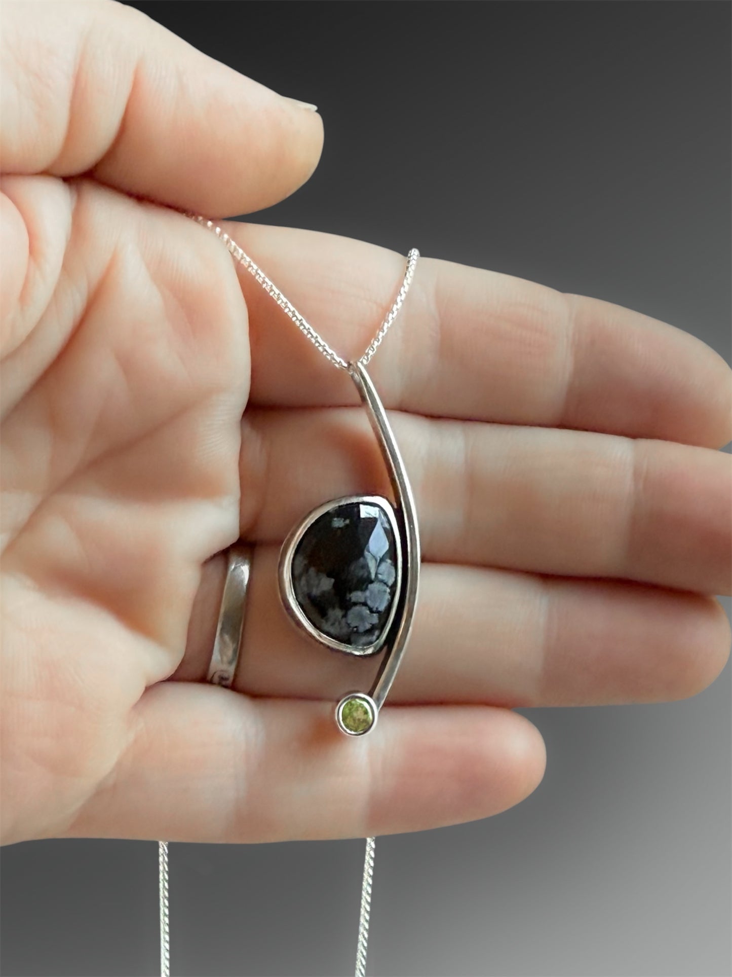 Crescent Curve Necklace with Snowflake Obsidian and Peridot