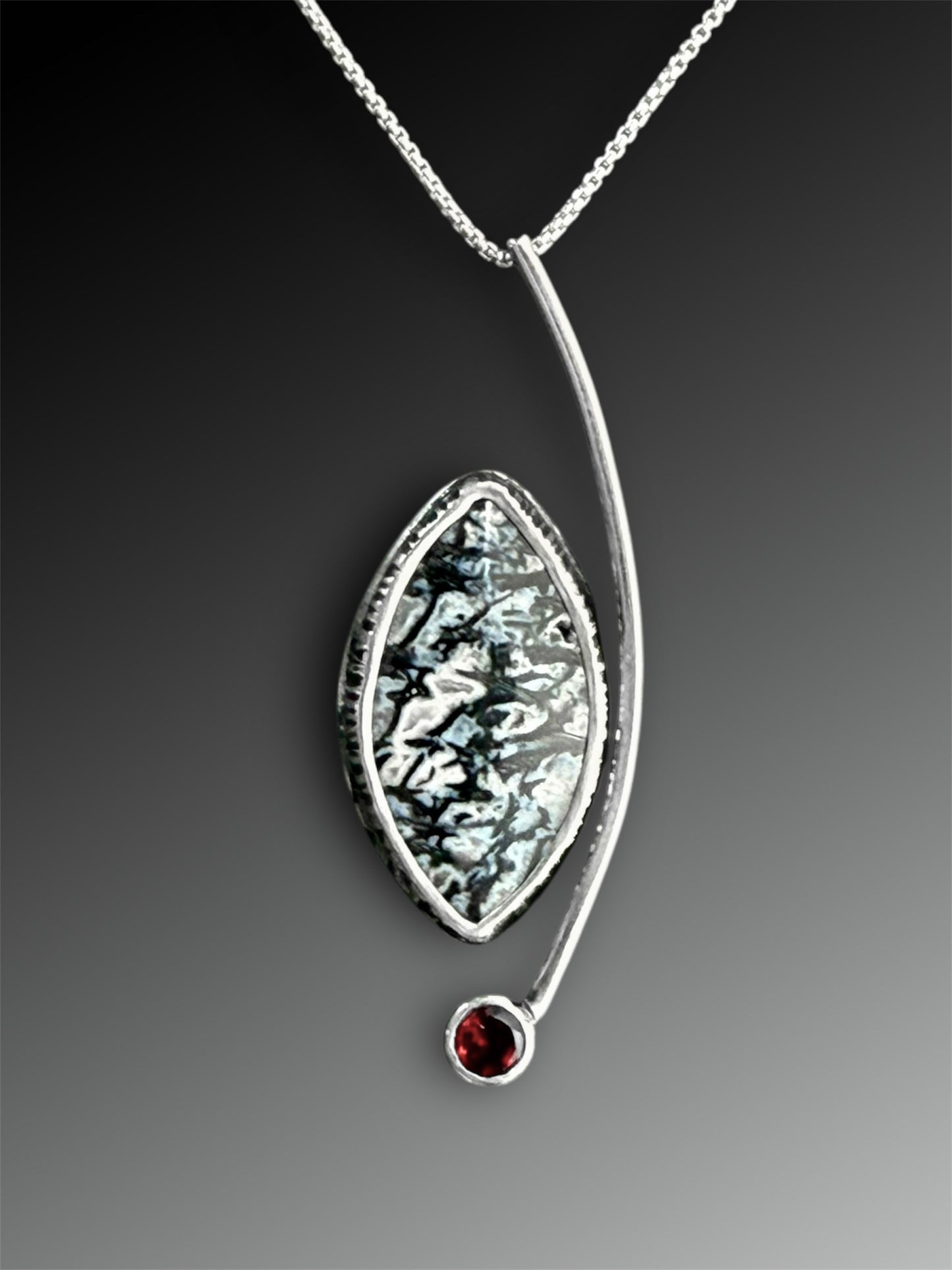 Crescent Curve Necklace with Fossilized Palm and Garnet