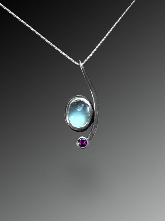 Crescent Curve Necklace with Sky Blue Topaz and Rhodolite Garnet