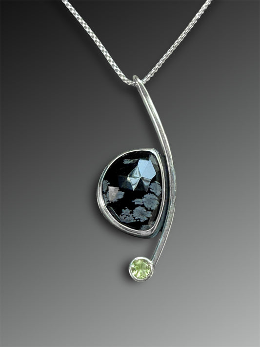 Crescent Curve Necklace with Snowflake Obsidian and Peridot