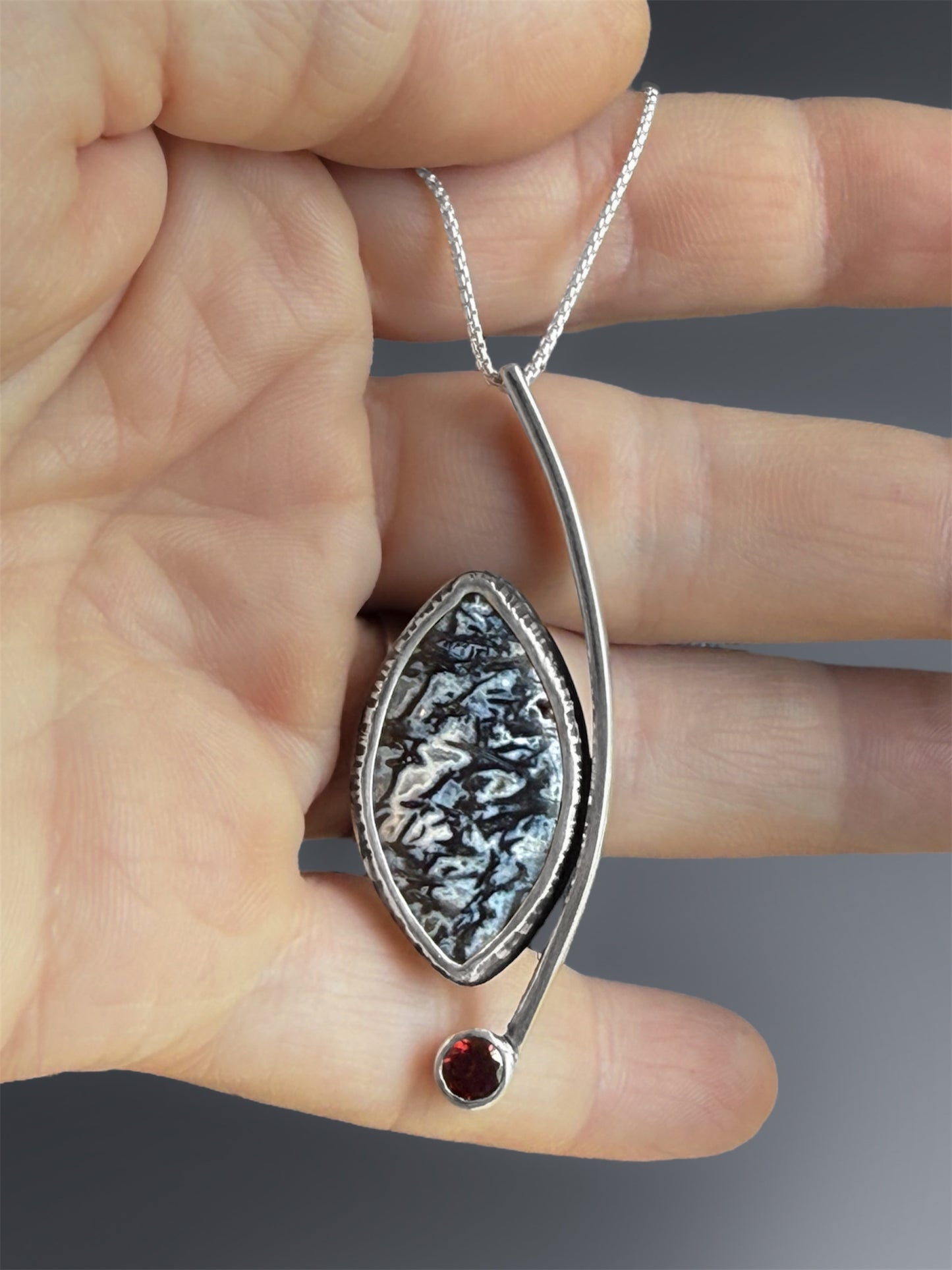 Crescent Curve Necklace with Fossilized Palm and Garnet