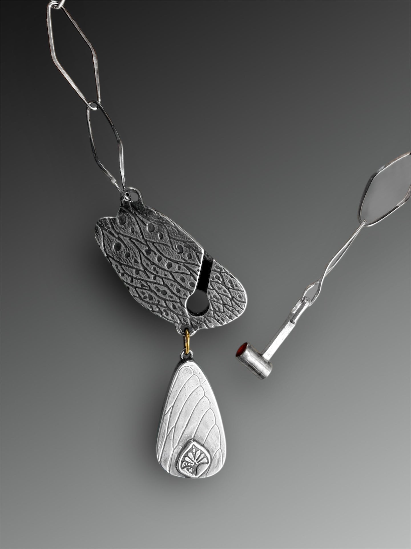 Turquoise and Fire Opal Key Clasp Necklace with Handmade Chain and 18k gold