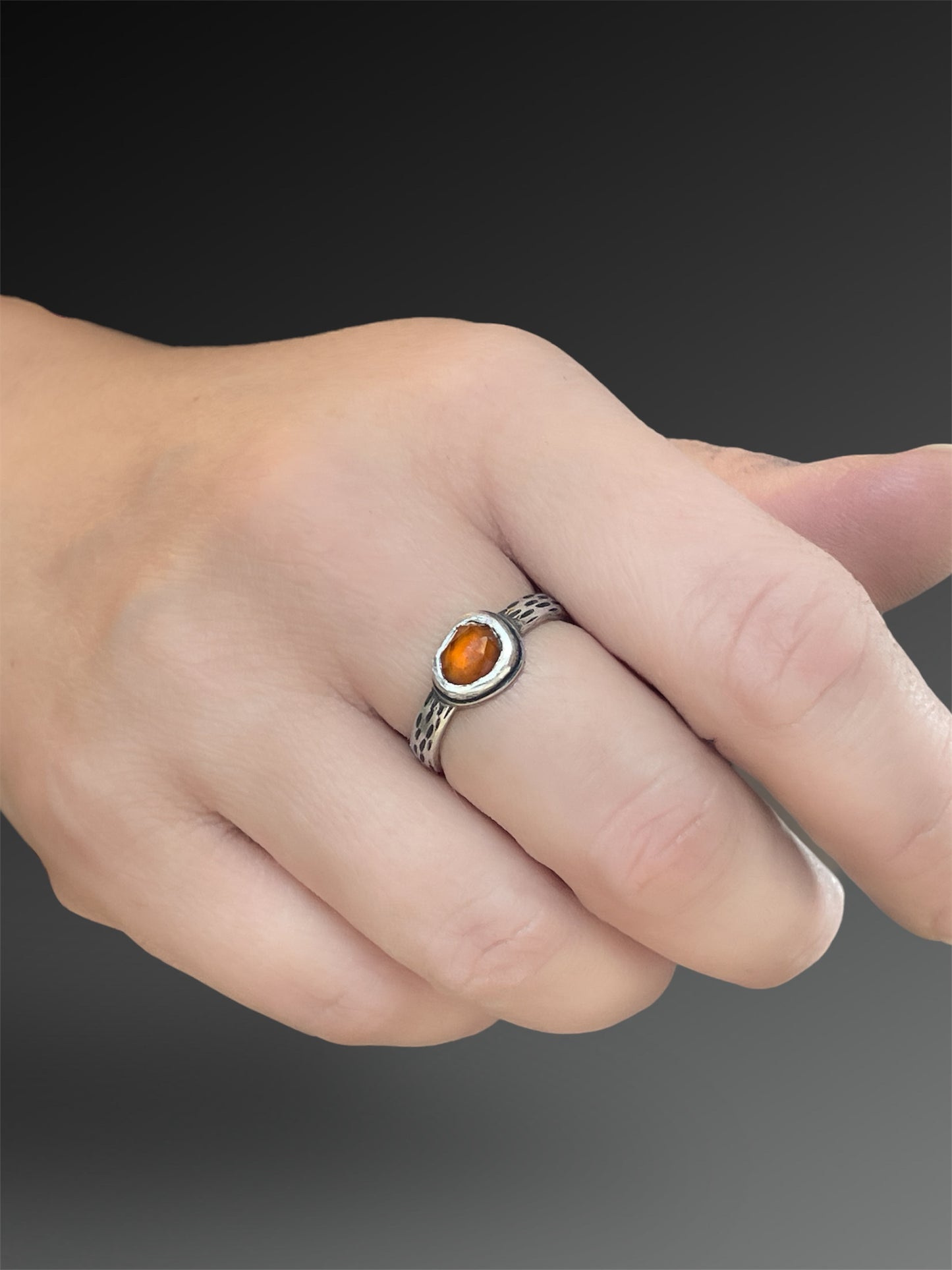 Spessartine Garnet Ring with Carved Band, Size 7 3/4, Artisanal Silver Jewelry, Slow-Made Goods, Art Jewelry, Hand Fabricated Handmade Metalwork