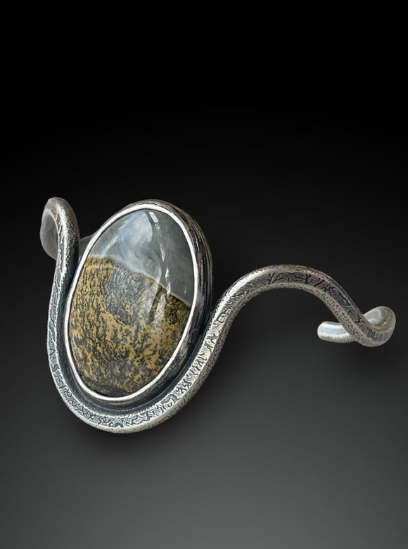 Paint Brush Jasper Cuff with Wavy Band and Leaf Imprint on the Reverse